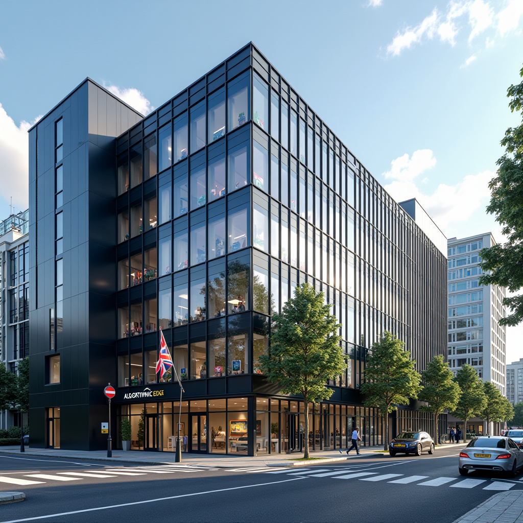 Modern professional office building exterior in Oswaldtwistle, Accrington with contemporary architecture, glass facade, and British flag, representing BOT DIGITAL SOLUTIONS LTD headquarters