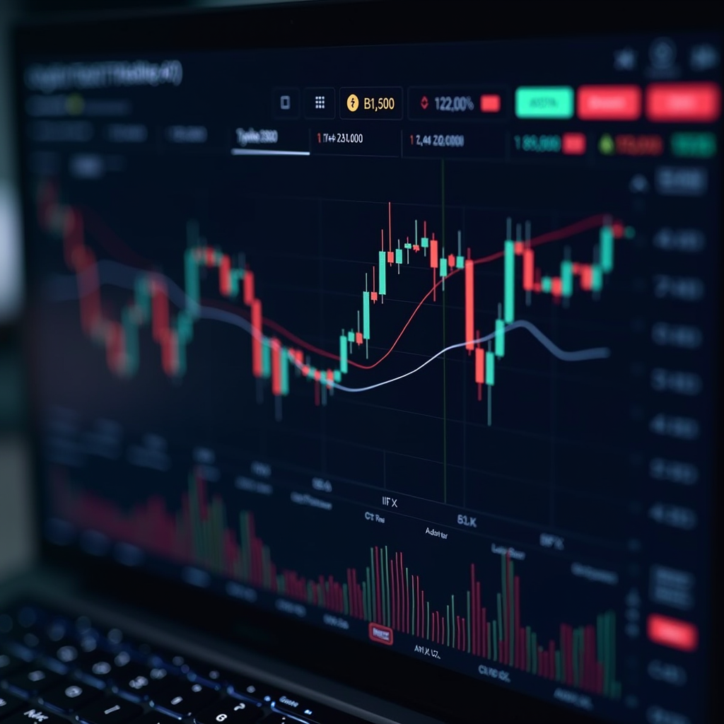 Advanced AI trading analysis dashboard showing real-time market data, technical indicators, candlestick charts, and algorithmic recommendations for cryptocurrency trading decisions