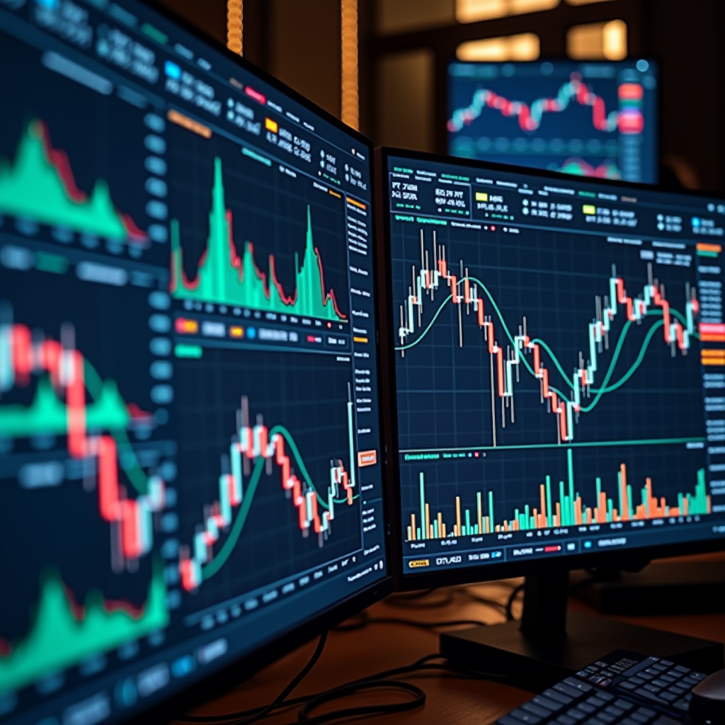 Modern AI trading dashboard displaying multiple cryptocurrency charts with technical indicators, candlestick patterns, and real-time market analysis on professional monitors in a contemporary trading office environment