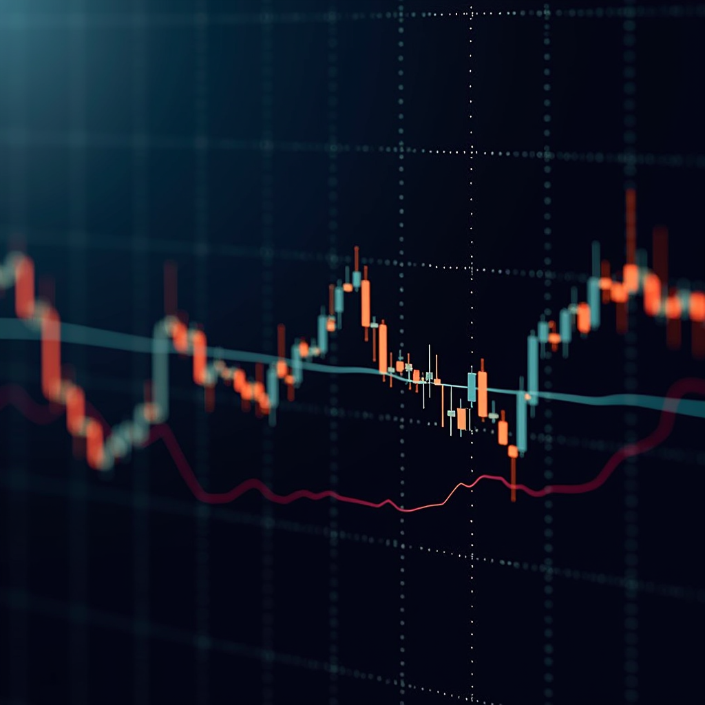 Professional trading chart displaying multiple technical indicators including moving averages, RSI, MACD, and Bollinger Bands on a dark navy background with gold accent lines highlighting key trend points and signal areas