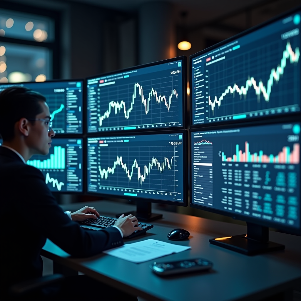 Modern financial technology dashboard displaying AI-generated trading recommendations with charts, graphs, and analytical data on multiple screens in a professional office environment