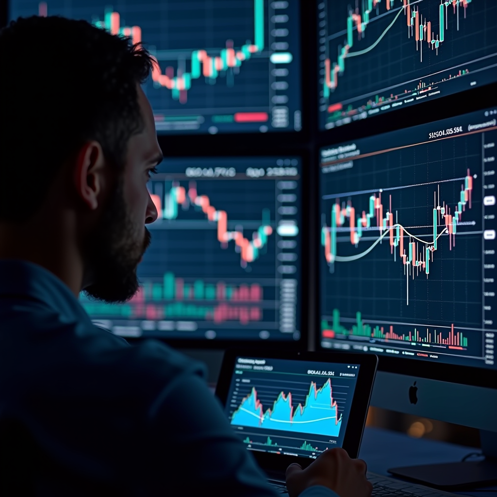 Advanced artificial intelligence system analyzing multiple financial charts displaying head and shoulders patterns, triangle formations, and flag patterns on digital screens with neural network visualization overlays showing pattern recognition in real-time across different market timeframes