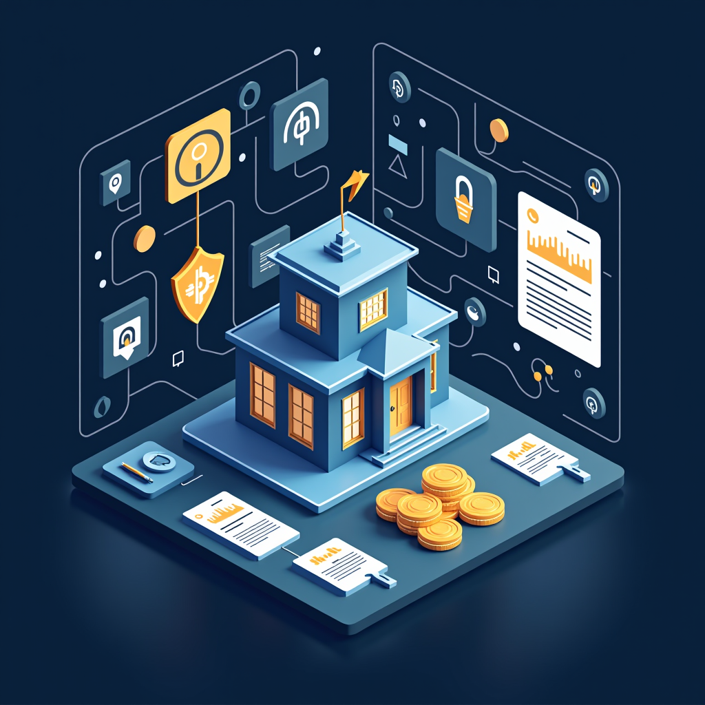Professional illustration showing the regulatory framework for AI financial advisory services in Great Britain, featuring the Financial Conduct Authority building, digital compliance documents, AI technology symbols, and British regulatory icons in a modern business setting with navy blue and gold accents