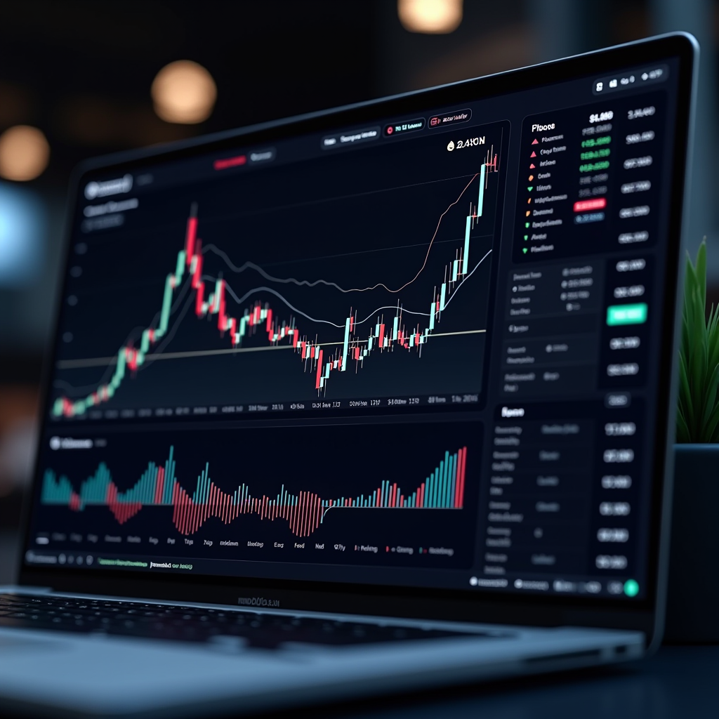 Advanced cryptocurrency chart analysis dashboard displaying multiple technical indicators, candlestick patterns, support and resistance levels, with AI-powered trend lines and volume analysis overlays on a professional trading interface