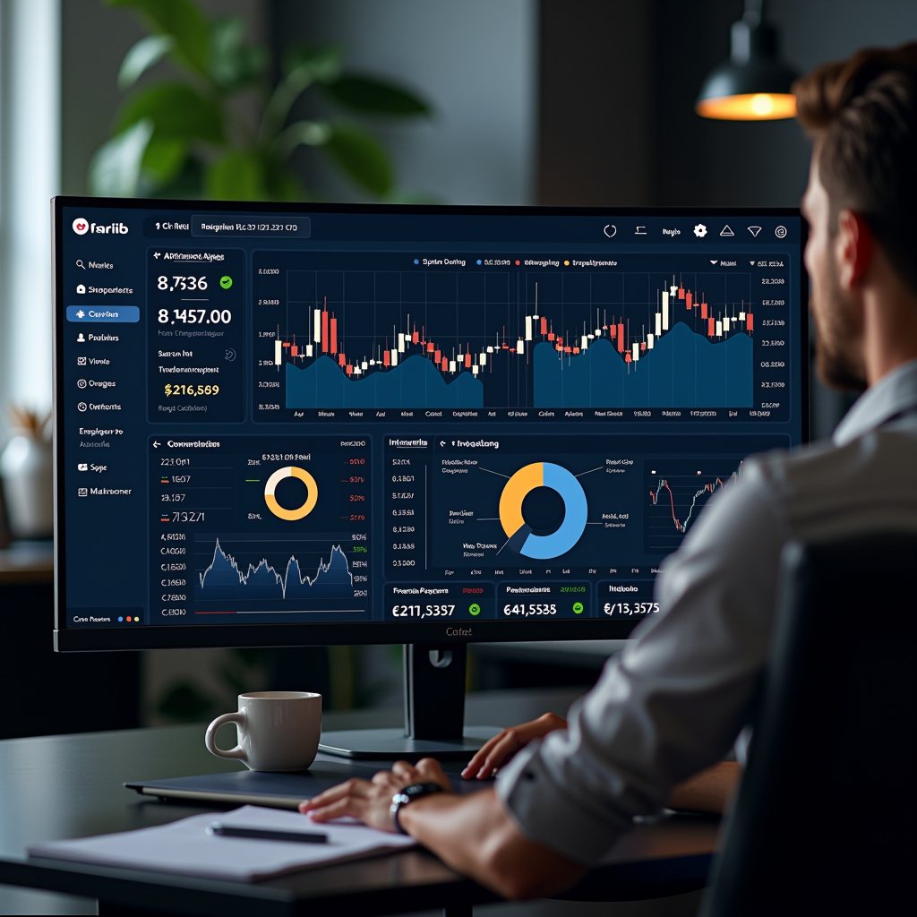 Professional cryptocurrency portfolio analysis dashboard showing multiple charts with technical indicators, asset allocation pie charts, and performance metrics on modern trading screens in a sophisticated office environment