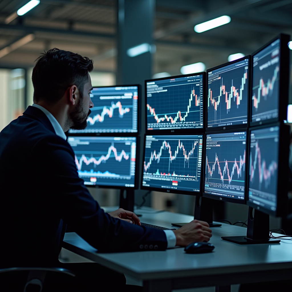 Professional trader analyzing multiple computer screens displaying custom technical indicators and charts in a modern British office environment with clean minimalist design