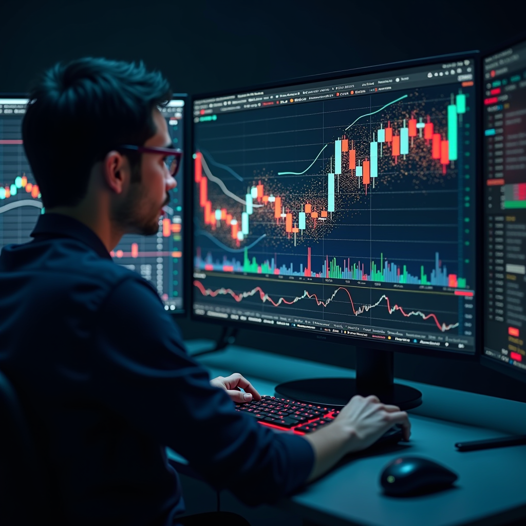 Advanced artificial intelligence system analyzing complex financial charts with glowing neural network patterns overlaying candlestick graphs and technical indicators on multiple screens in a modern trading environment