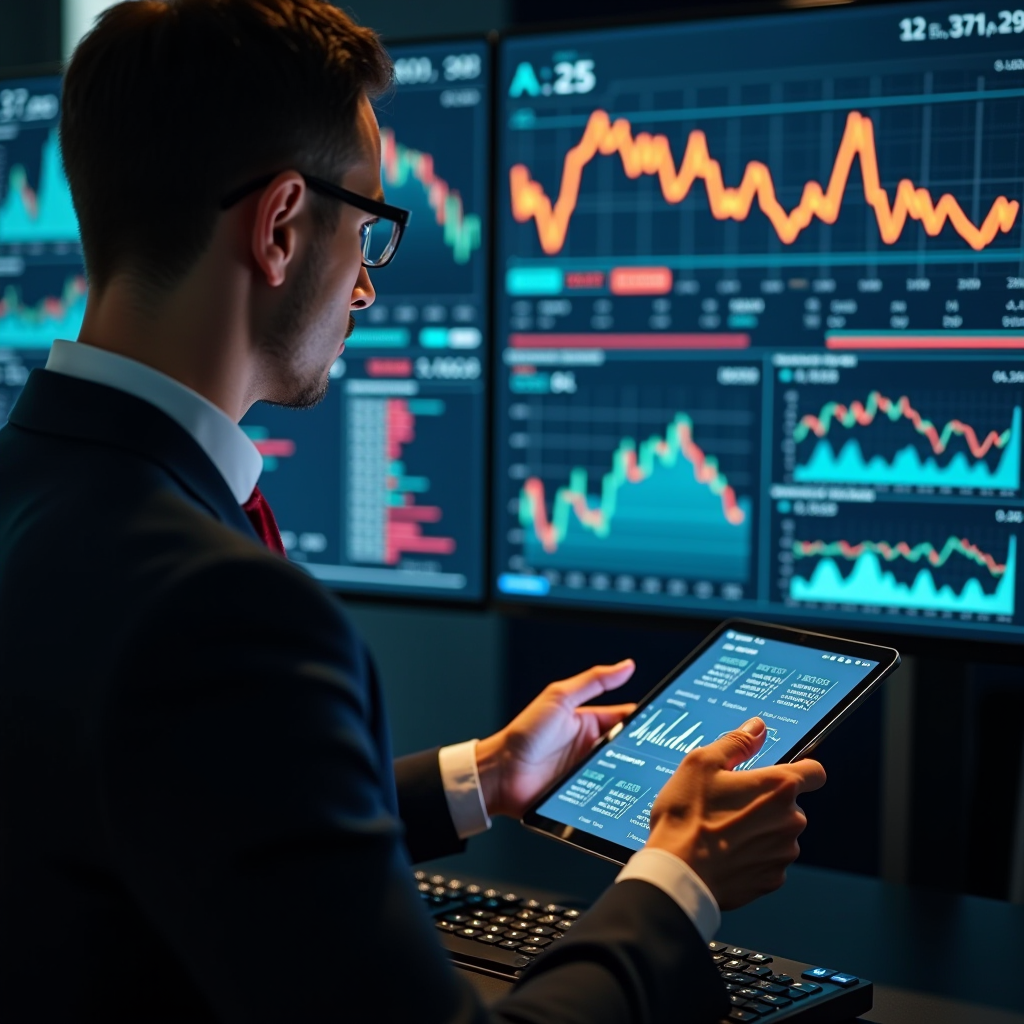 Modern financial advisory concept showing a professional analyst reviewing AI-generated recommendations on a tablet while traditional charts and graphs are displayed on monitors in a sophisticated office setting with human and technology collaboration