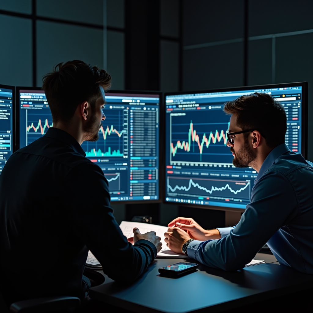 One-on-one technical analysis training session showing instructor and student reviewing cryptocurrency charts together, with educational materials, pattern recognition examples, and AI system interface tutorials displayed on screens